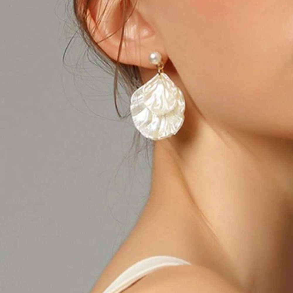 White Shell Pearl Drop Statement Earrings